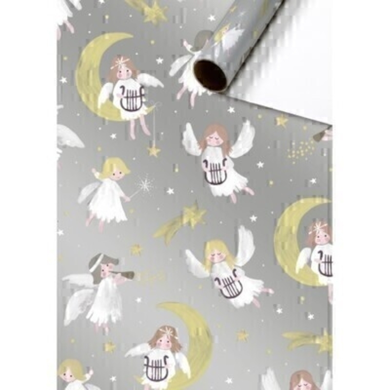 Luxury Childrens Christmas Wrapping Paper featuring Angels and Moons on a silver background and small shooting stars. This festive roll of gift wrap is by Swiss designer Stewo. Quality bright white coated wrapping paper 80gsm. Approx size of roll 70cm x 2metres.